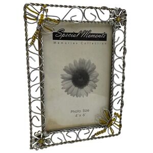 Vintage Silver Wire Dragonfly Beaded 4x6 Picture Frame Garden Theme Y2K Fairy